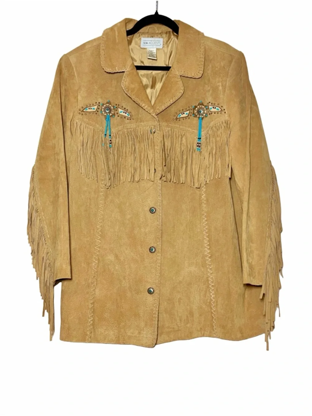 Via Accenti Fringe Suede Western Jacket in Tan with Turquoise & Beads, 22W - Picture 2 of 12